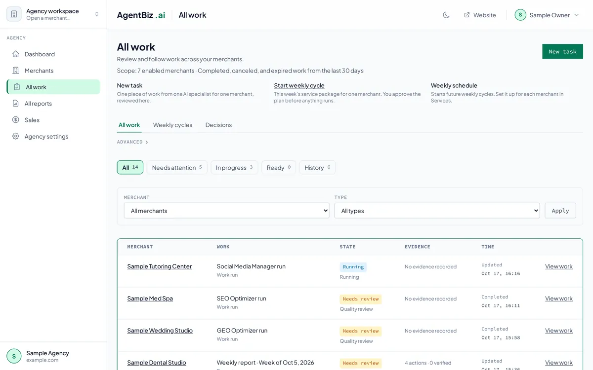 The AgentBiz agency workspace: work for sample local businesses, each with its review state.